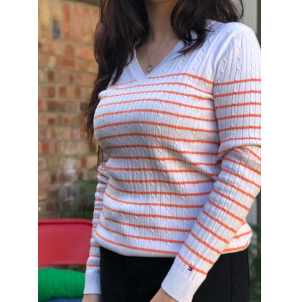 New TOMMY HILFIGER Women's Cream/Orange V Neck Stripe Cable Sweater Size S